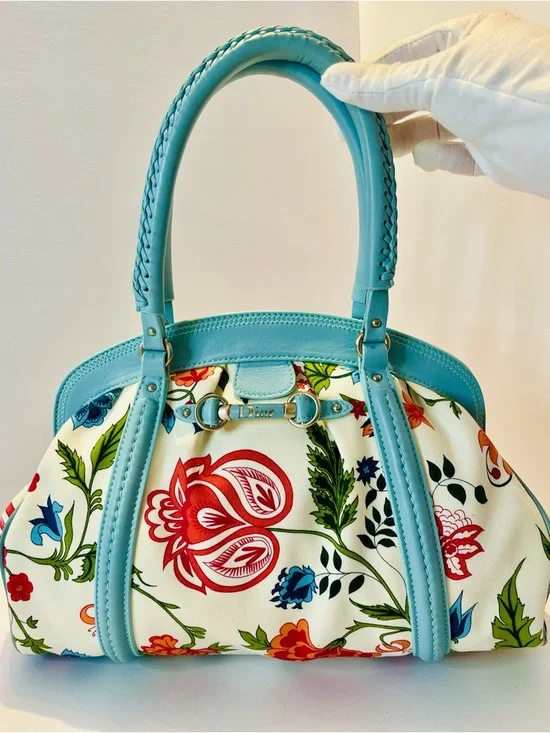 Authentic Christian Dior Floral Canvas Boston Bag Blue Leather Trim w/ Dust Bag - Picture 5 of 15